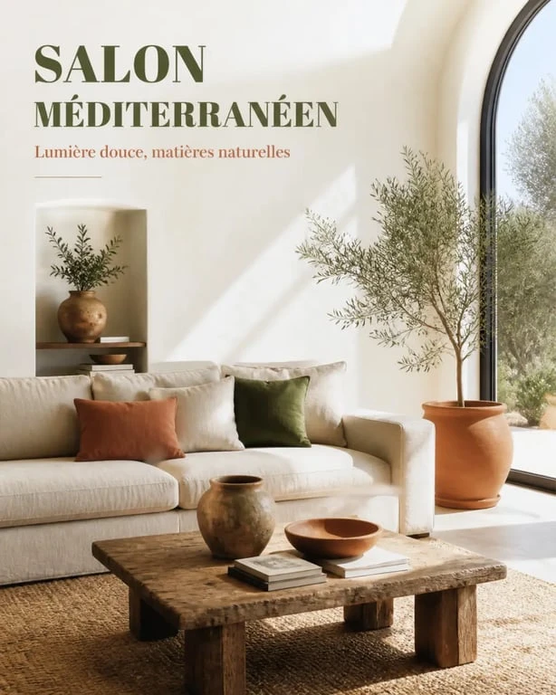 Décoration style méditerranéen dans un salon lumineux avec lin, bois brut et céramique artisanale