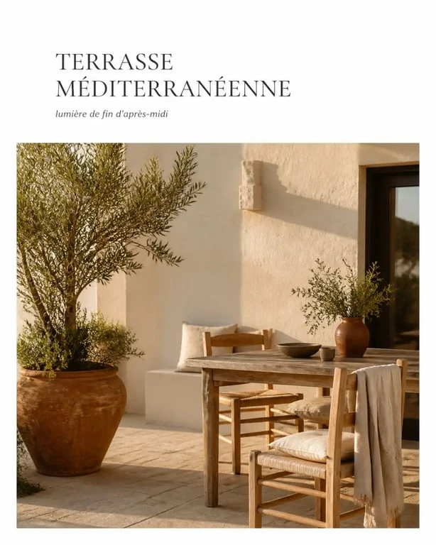 Décoration style méditerranéen sur une terrasse avec olivier, terre cuite et fibres naturelles