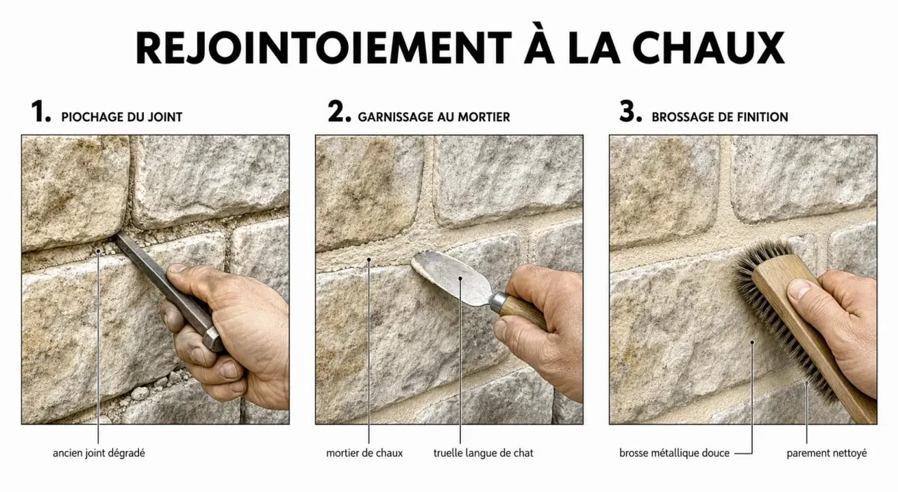 Étapes de réalisation d'un joint à la chaux sur un mur en pierre