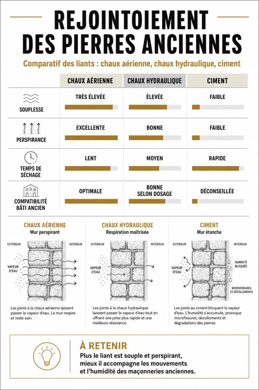 Tableau comparatif des mortiers pour joint à la chaux : chaux aérienne, hydraulique et ciment