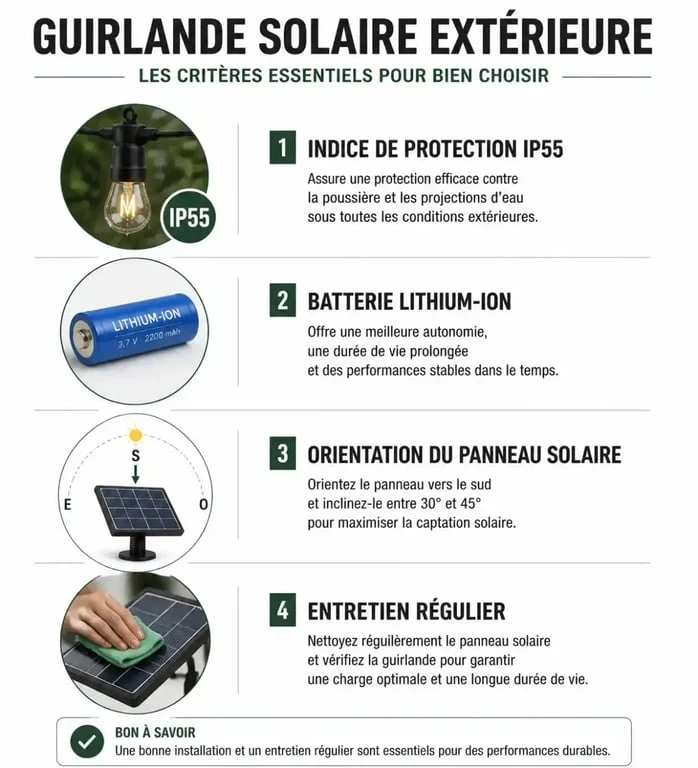 Infographie des critères techniques pour choisir une guirlande solaire extérieure performante et durable