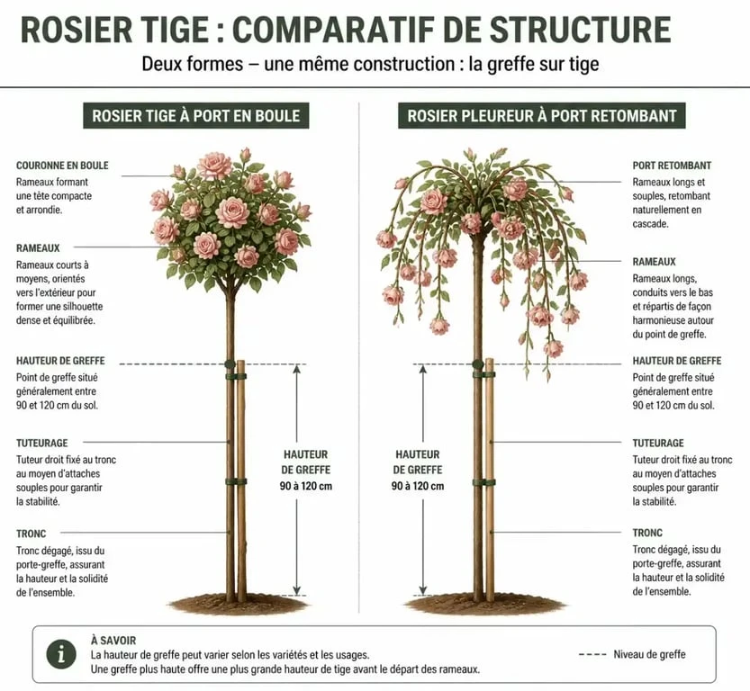 Schéma comparatif des rosiers tiges et rosiers pleureurs : différences de port et de structure