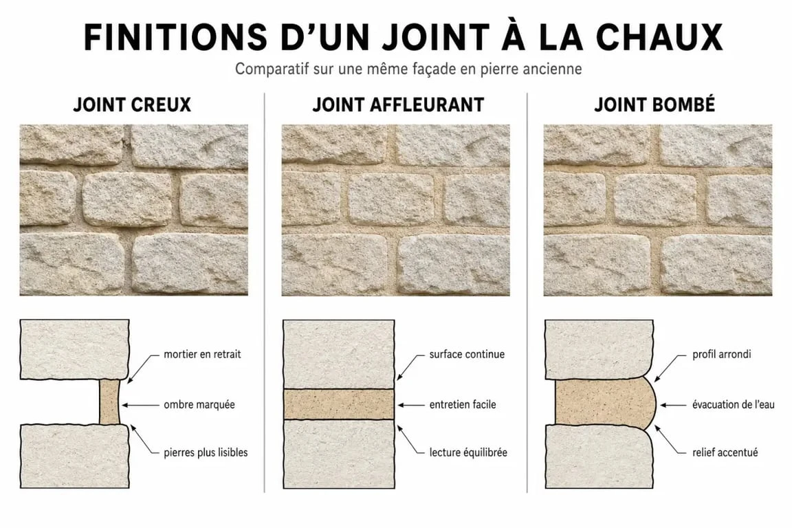 Joint pierre chaux : comparaison des finitions creux, affleurant et bombé