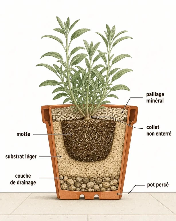 Plante vivace en pot : schéma du drainage, du substrat et de la plantation en coupe