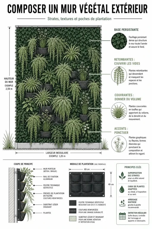 Schéma des plantes pour mur végétal extérieur avec base persistante, retombantes et couvrantes