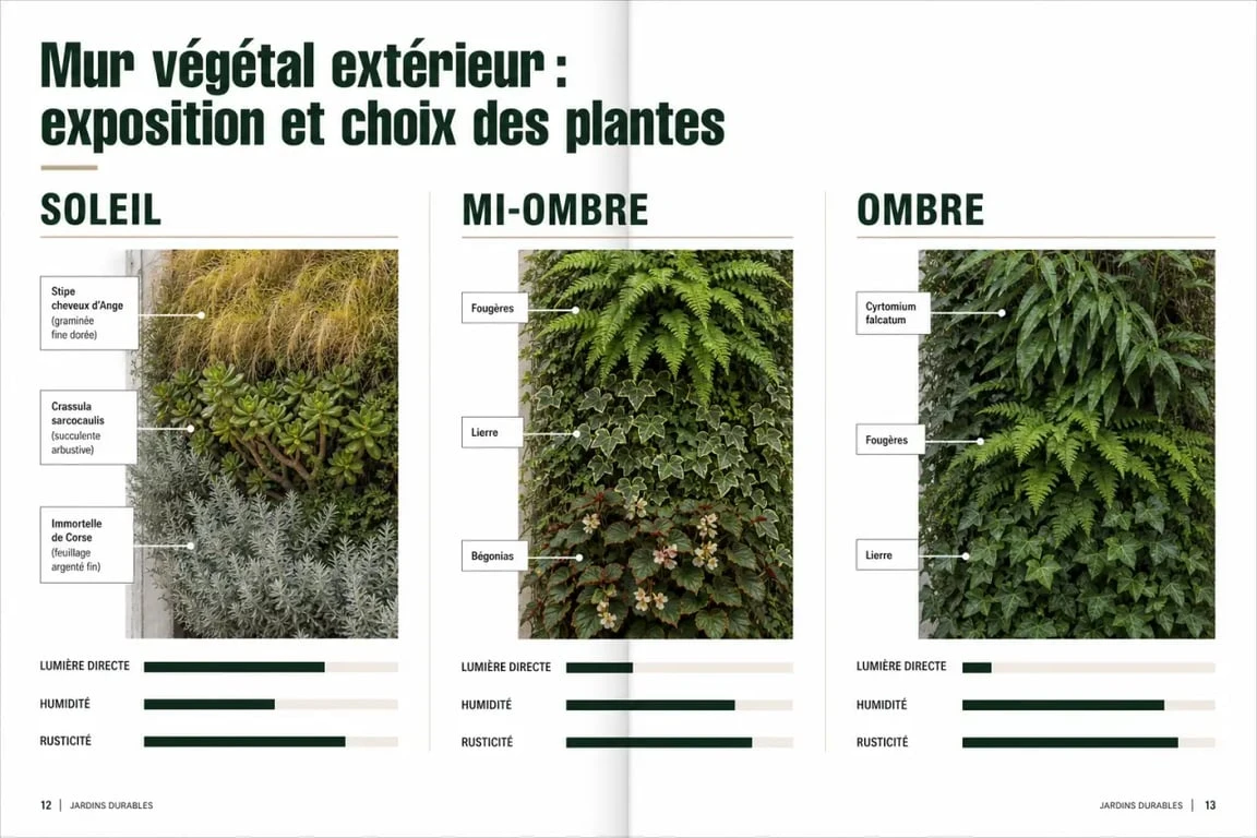 Comparatif des plantes pour mur végétal extérieur selon l’exposition soleil, mi-ombre et ombre