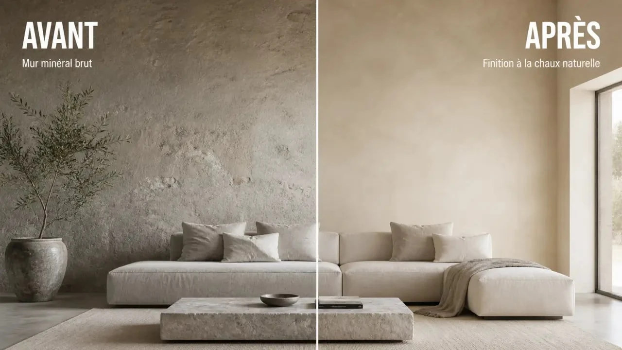 Enduit à la chaux naturelle Chaulime Eco avis : rendu final sur mur intérieur avant et après