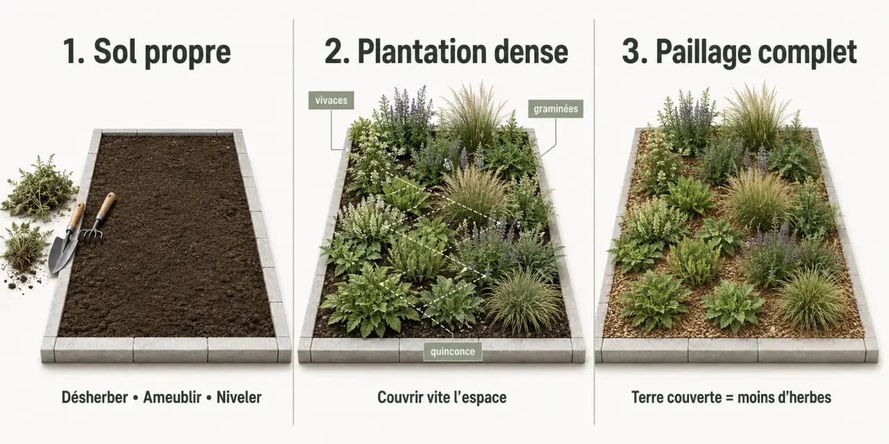 Créer un massif sans entretien : préparation du sol, plantation dense et paillage final