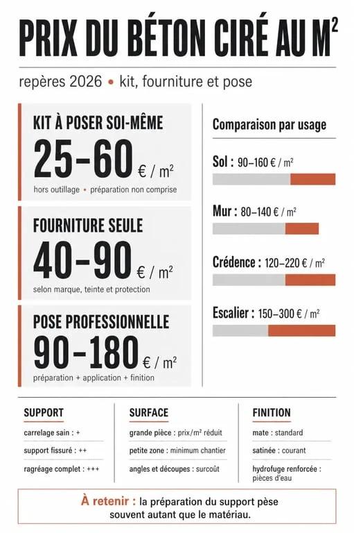 Prix du béton ciré au m2 : comparaison visuelle des tarifs selon kit, pose professionnelle et type de support