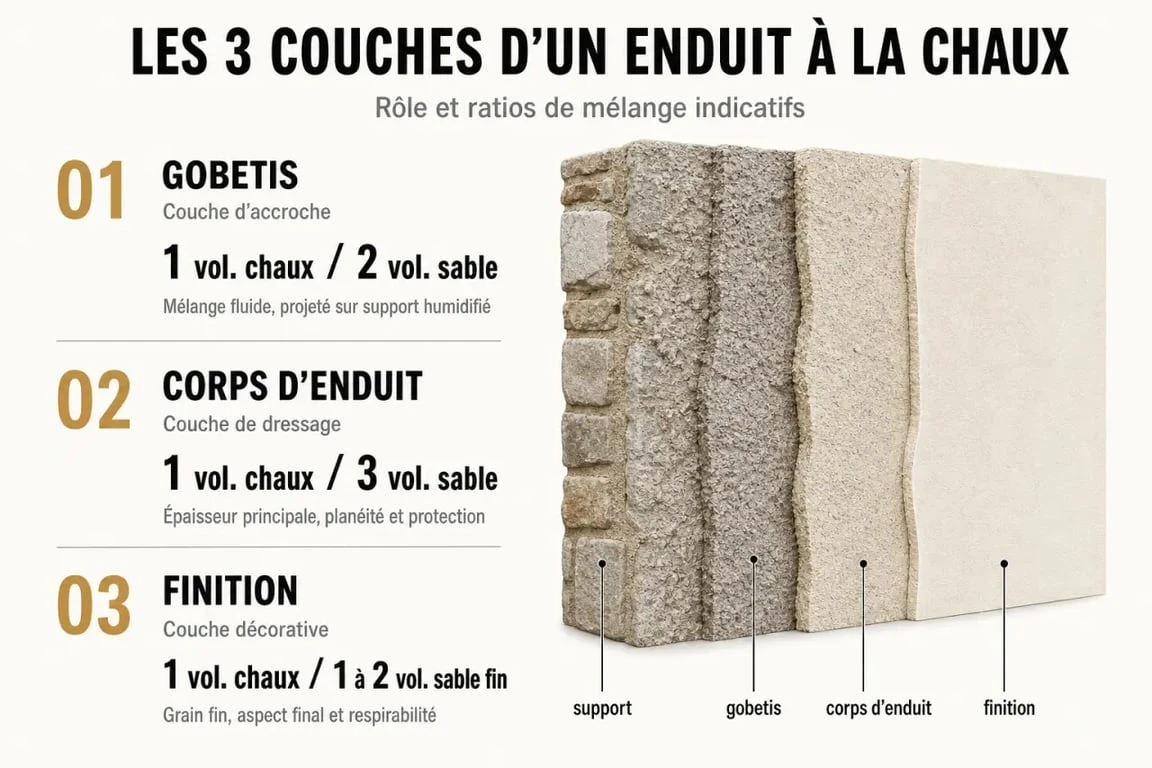 Schéma des couches d'un enduit chaux sable : gobetis, corps d'enduit et finition