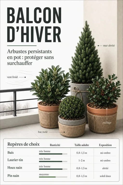 arbuste persistant en pot resistant au froid : comparaison visuelle des variétés adaptées au balcon et à la terrasse