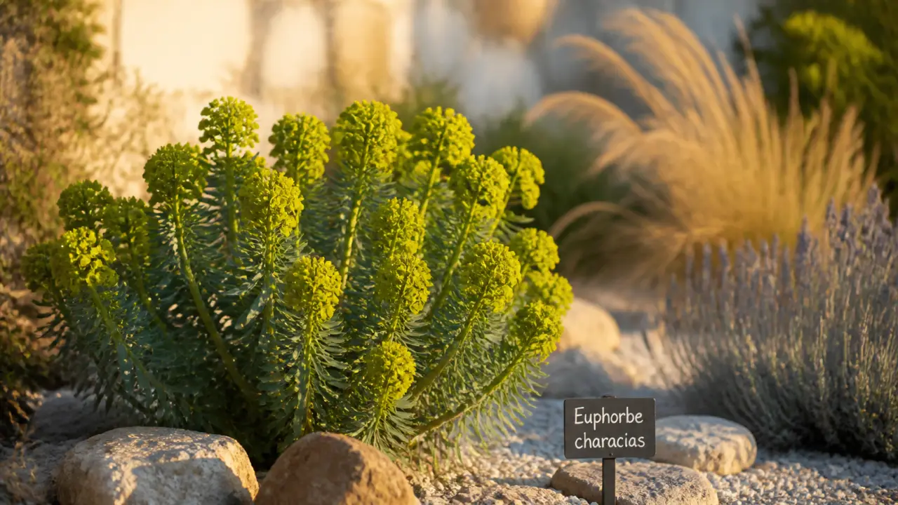 Euphorbe characias en rocaille, feuilles persistantes et floraison