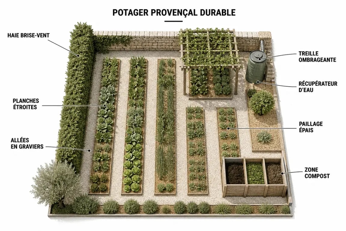 Aménager un potager provençal durable dans son jardin avec planches de culture, paillage et brise-vent