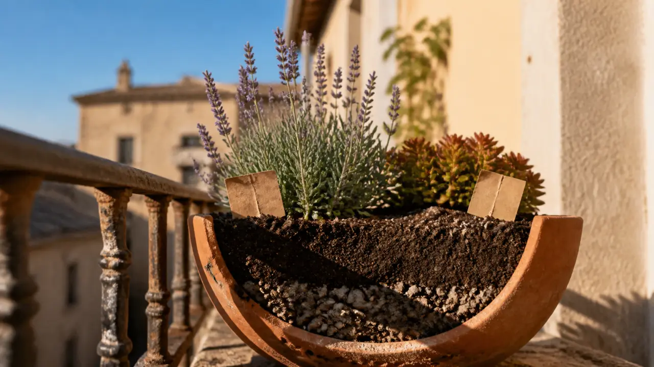 Plante vivace en pot avec drainage percé et racines protégées