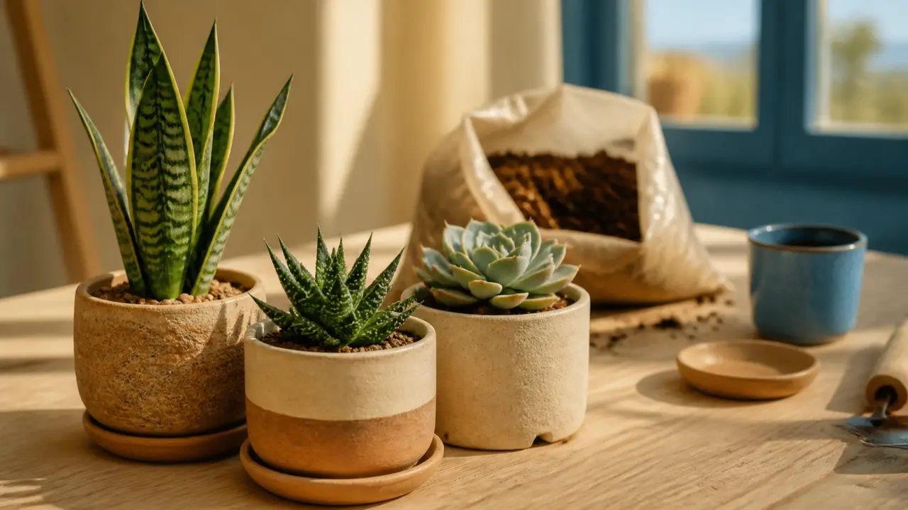 Plantes grasses interieures : succulentes sur bureau près d’une fenêtre