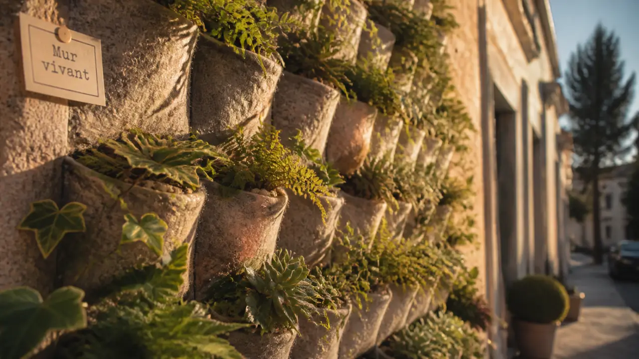 Plantes pour mur végétal extérieur : lierre et fougères dans modules en feutre sur façade.