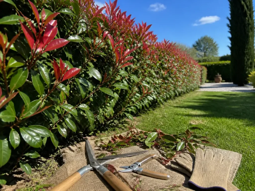 Photinia : après floraison pour la taille principale, 2 à 3 passages pour une haie dense
