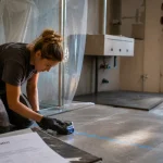 Rénovation salle de bain marseille : technicienne vérifie le niveau laser sur carrelage