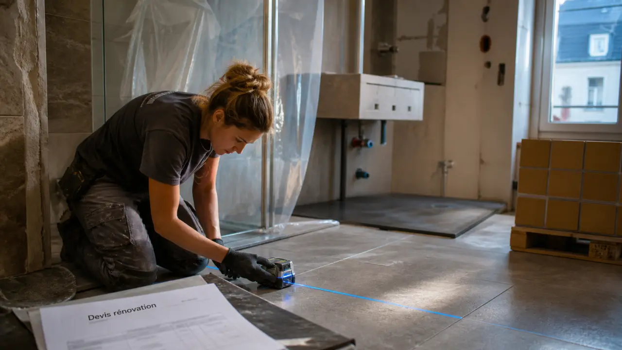 Rénovation salle de bain marseille : technicienne vérifie le niveau laser sur carrelage