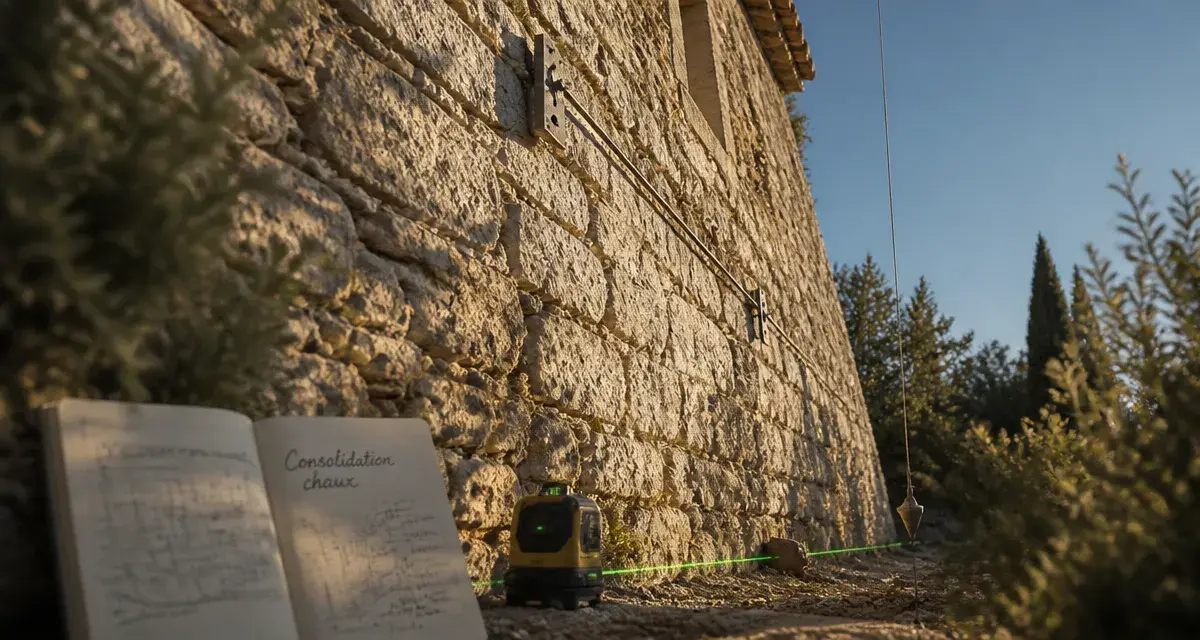 Comment consolider un mur en pierre qui penche : mur fissuré et tirants métalliques