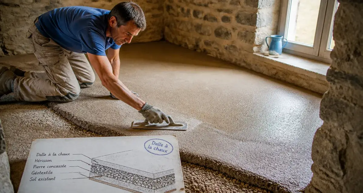 Dalle chaux : maçon lissant une dalle fraîche, rénovation sans humidité