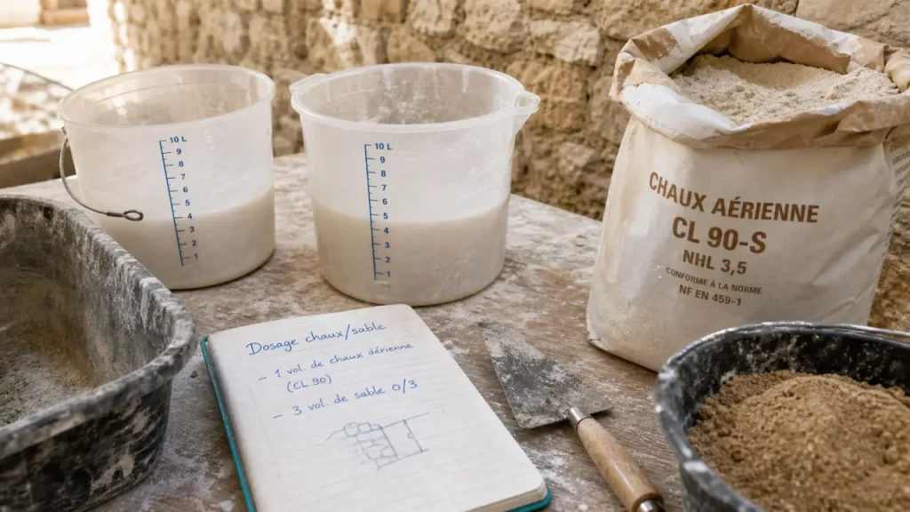 Dosage chaux sable pour mortier : 1 volume de chaux pour 3 à 4 volumes de sable selon l’usage