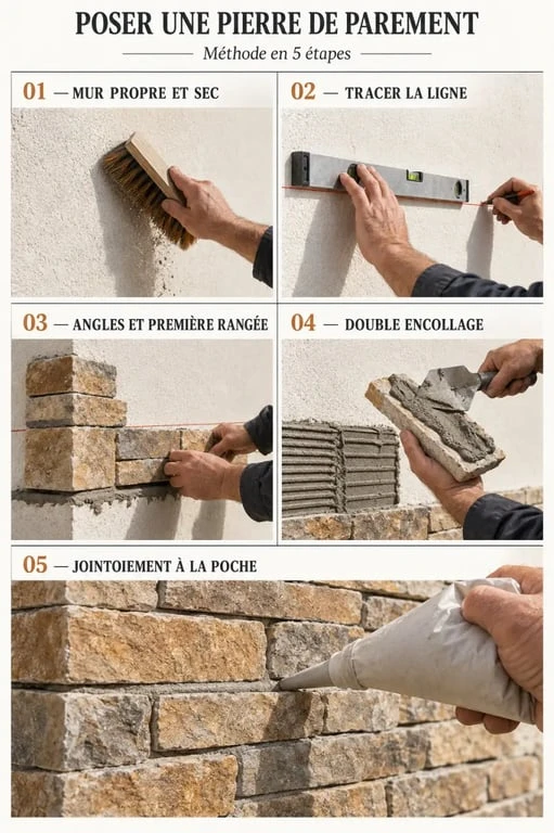 Illustration des étapes de pose pierre de parement sur un mur extérieur