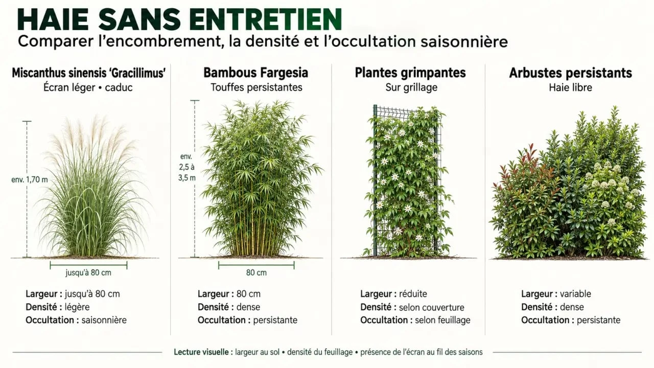 Haie sans entretien : comparaison visuelle du Miscanthus, des bambous Fargesia, des plantes grimpantes et des arbustes persistants