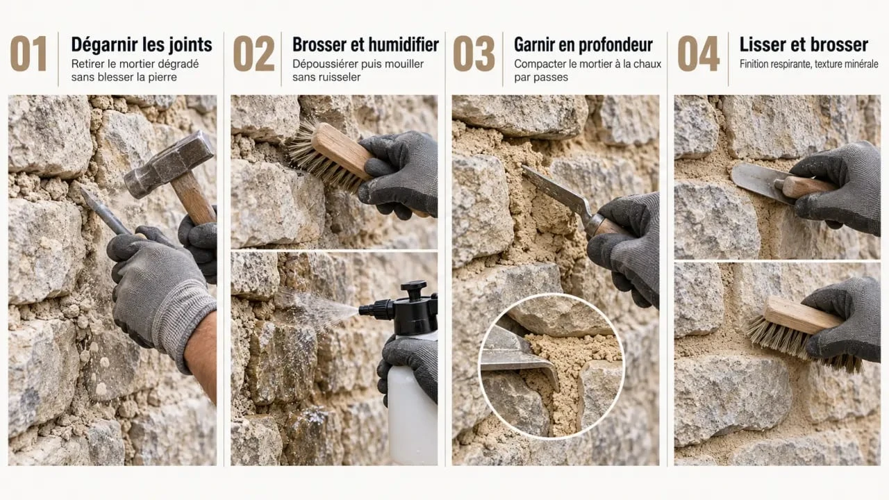 Étapes pour réaliser un joint chaux pierre sur un mur ancien