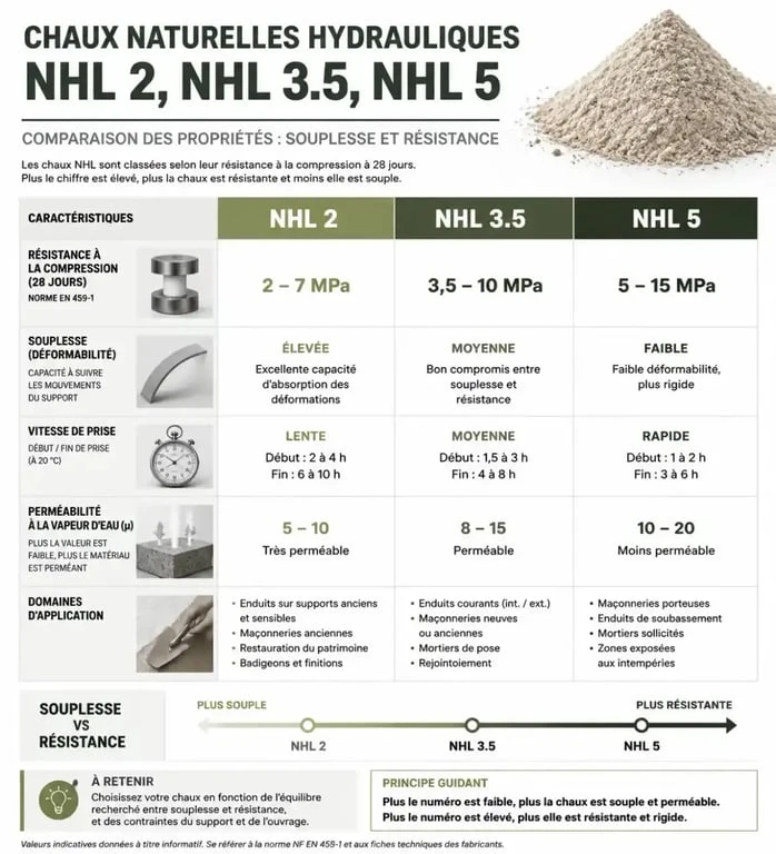 Comparatif des types de chaux pour mur en pierre : NHL 2, 3.5 et 5