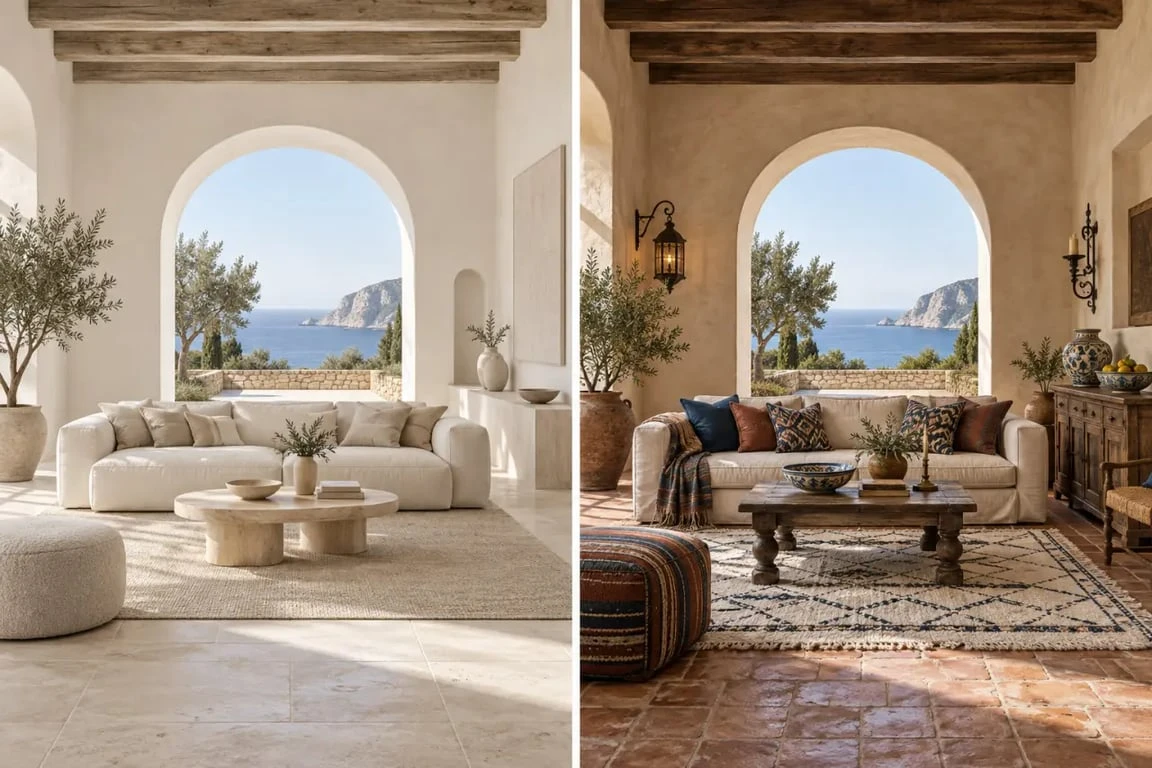 Comparaison visuelle entre décoration méditerranéenne contemporaine et traditionnelle