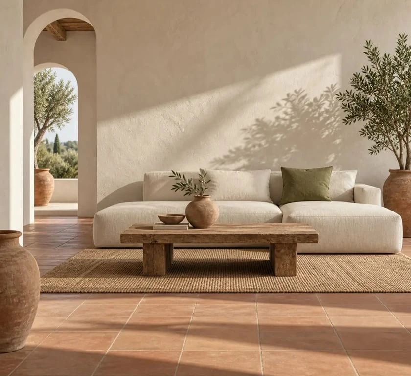 Salon lumineux illustrant une décoration méditerranéenne avec chaux, terre cuite, bois et fibres naturelles