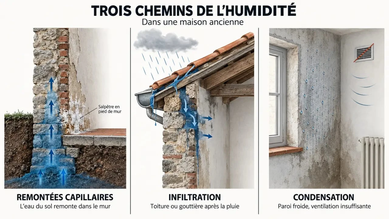 Humidité maison ancienne : schéma des remontées capillaires, infiltrations et condensation