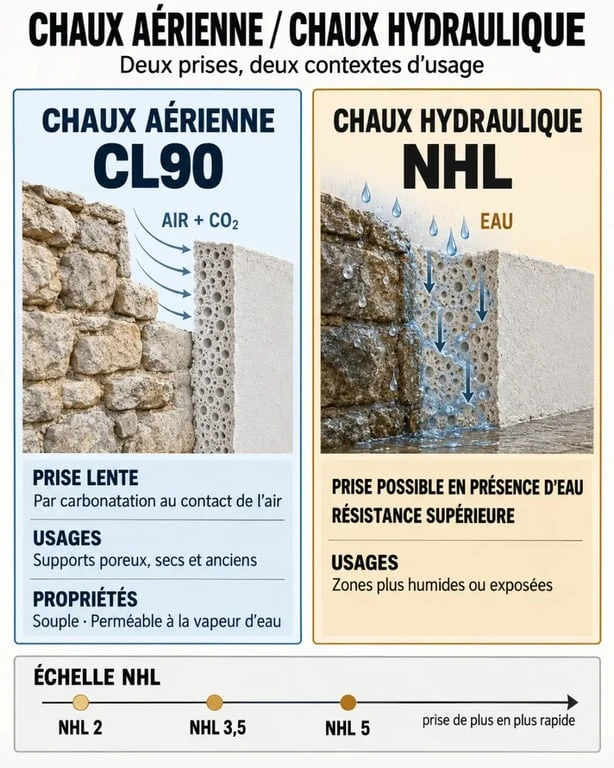Infographie comparative sur la chaux aérienne CL90 et la chaux hydraulique