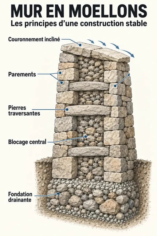 Schéma pédagogique d’un mur en moellons avec parements, blocage, boutisses et couronnement