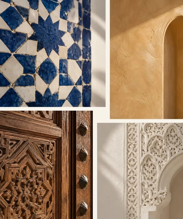 Maison traditionnelle maroc avec zellige, tadelakt et bois sculpté