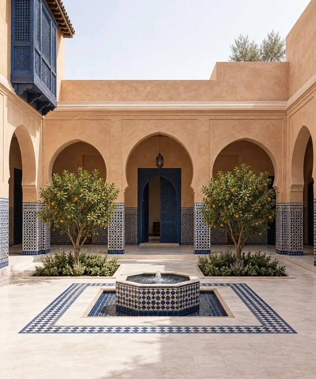 Maison traditionnelle maroc avec patio, fontaine et zellige