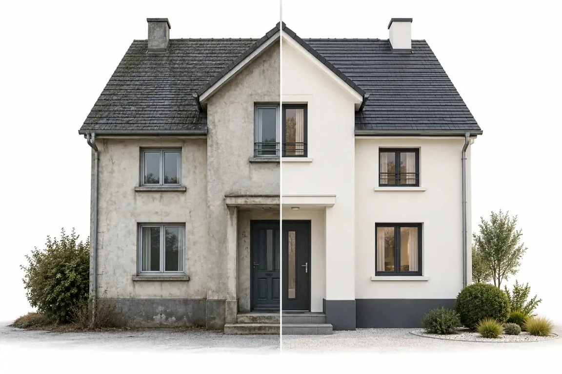 Isolation extérieure avant après d’une maison avec façade rénovée