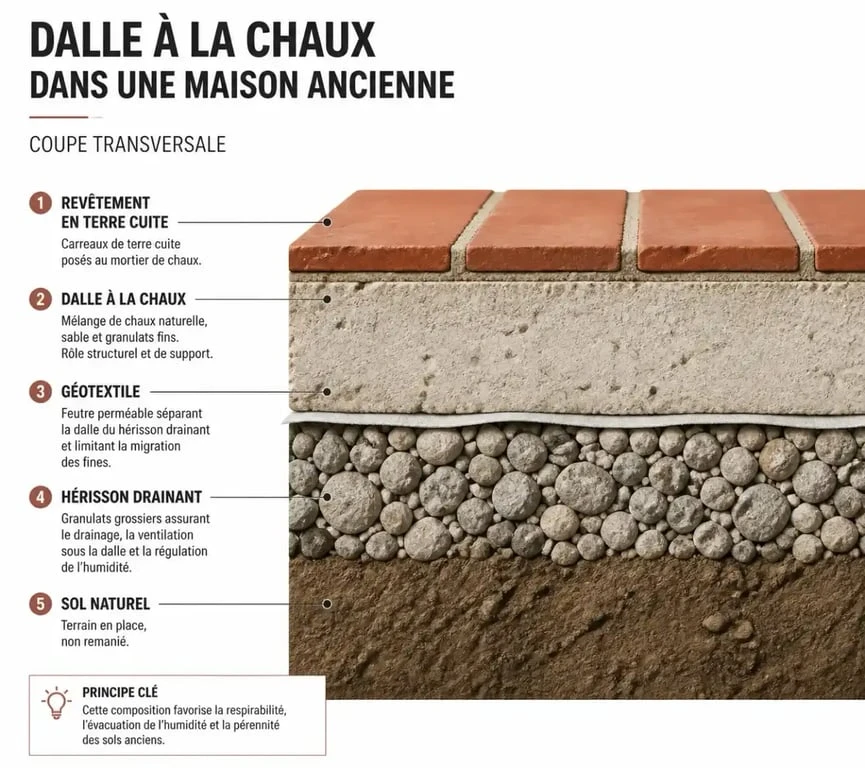 Schéma de coupe d'une dalle à la chaux dans le bâti ancien