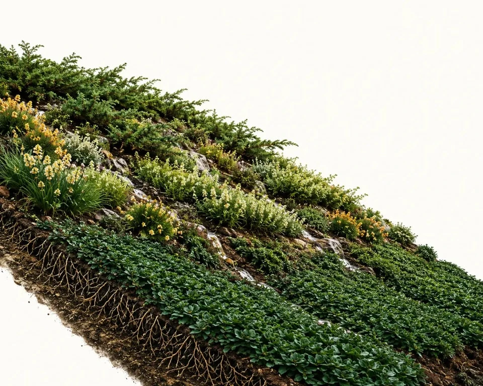Plante pour talus : composition de couvre-sols, vivaces et arbustes sur une pente