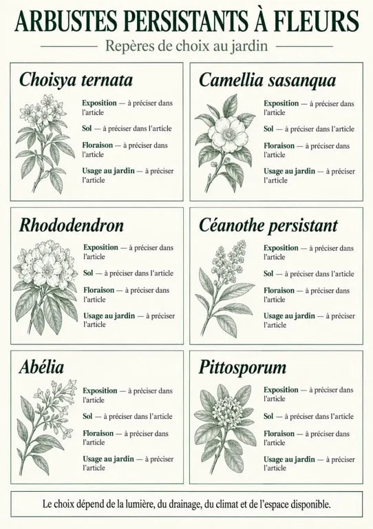Infographie des arbustes persistants à fleurs selon l’exposition, le sol, la floraison et l’usage au jardin