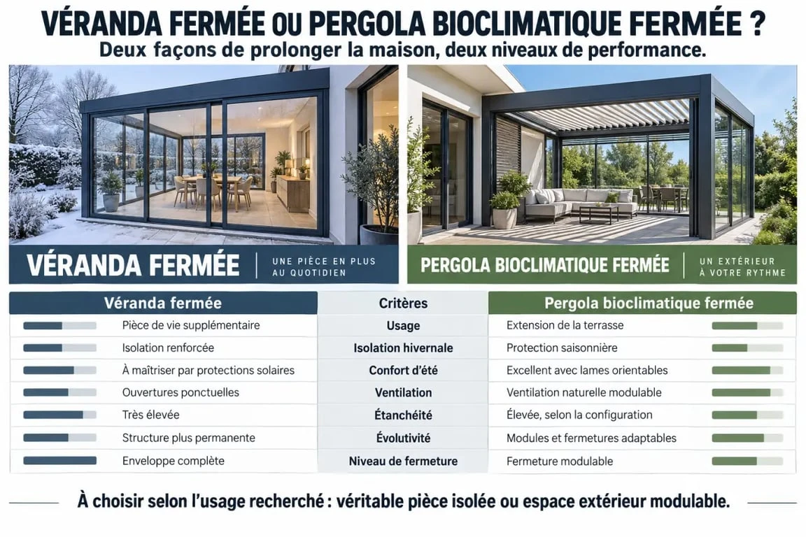 Infographie comparative d’une véranda bioclimatique fermée et d’une pergola bioclimatique fermée