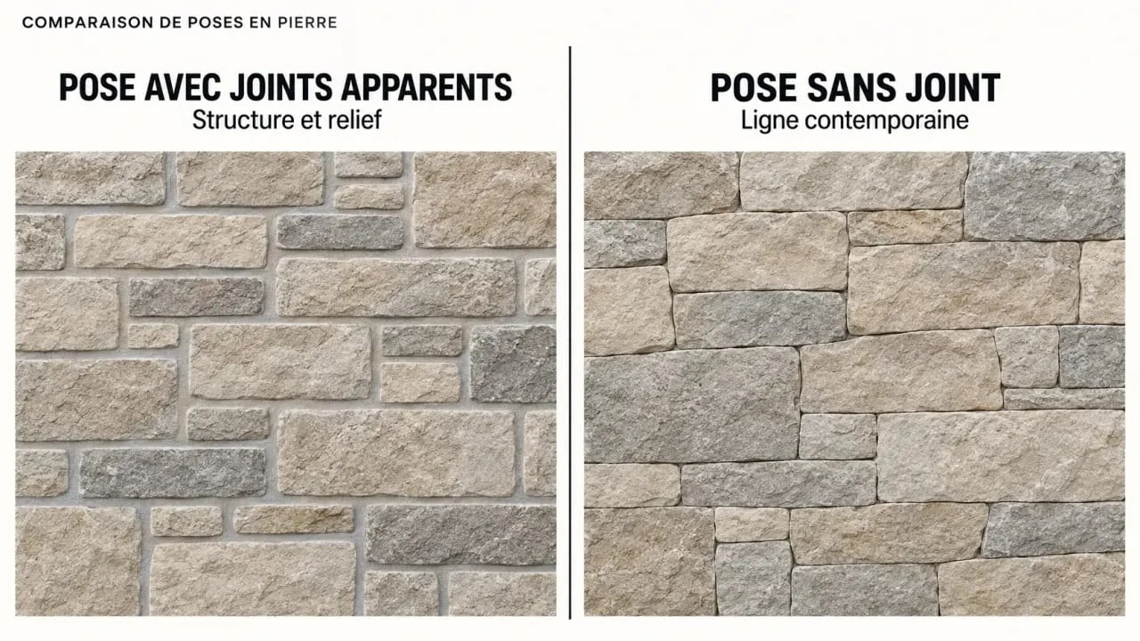 Comparaison de pose de façade extérieure en pierre avec ou sans joint