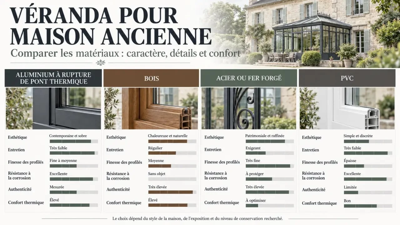 Infographie sur les matériaux d'une véranda maison ancienne : aluminium, bois, acier, fer forgé et PVC