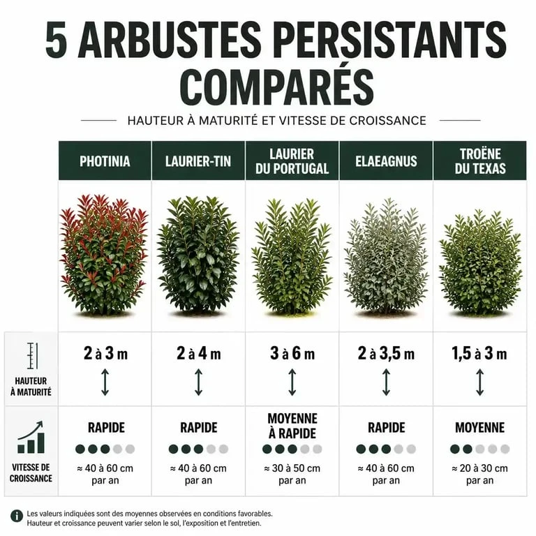 Infographie comparative des meilleurs arbustes persistants pour une haie dense