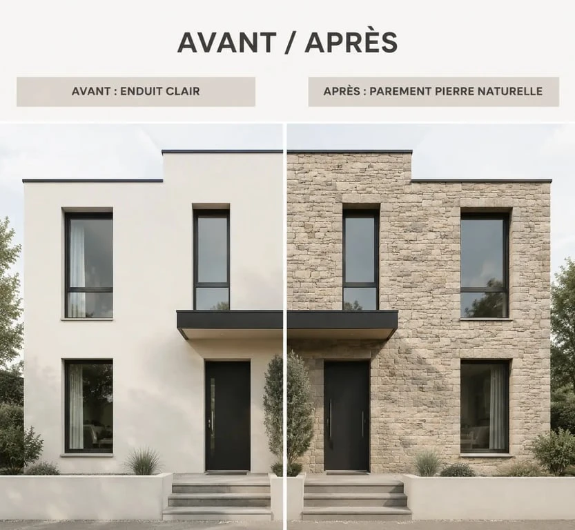 Parement pierre facade exterieur : transformation avant/après d’une maison contemporaine