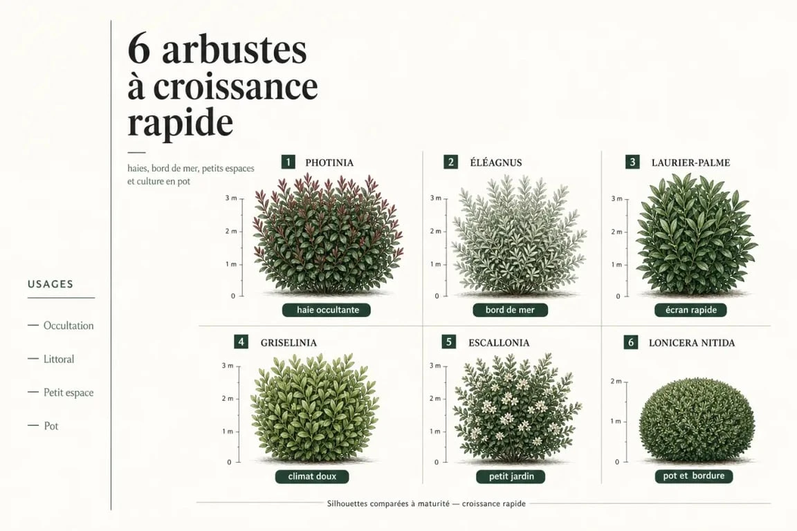 Comparatif des arbuste croissance rapide pour haie occultante, bord de mer et petit jardin