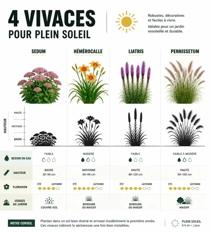 Infographie comparative de vivaces plein soleil : sedum, hémérocalle, liatris et pennisetum