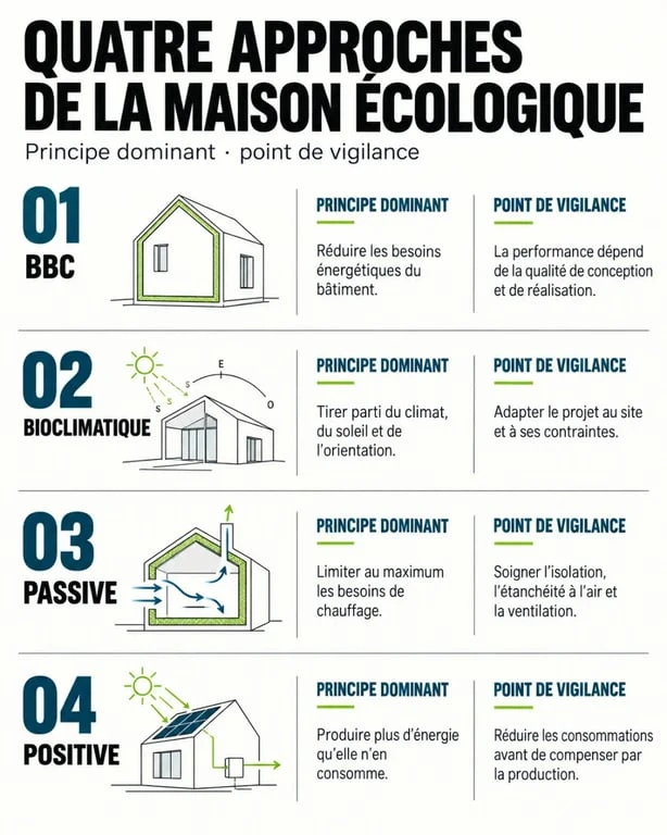 Infographie comparative sur les approches d'une maison ecologique constructeur : BBC, bioclimatique, passive et positive