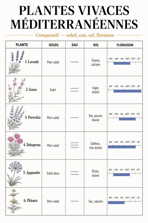 Tableau comparatif des plantes méditerranéennes vivaces pour soleil, sol sec et floraison